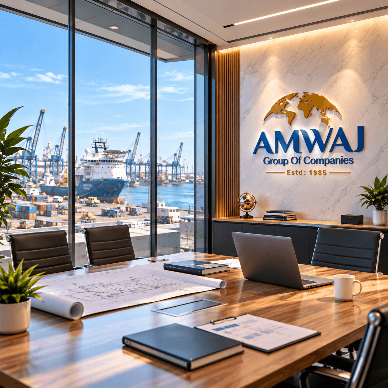 The Amwaj Group executive corporate office overlooking maritime port operations