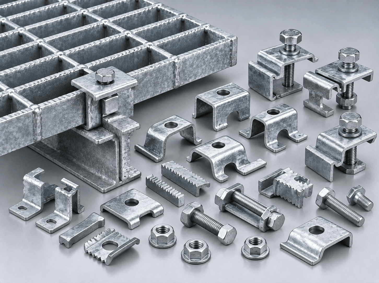 Structural grating saddle clips, clamps, and fixing hardware