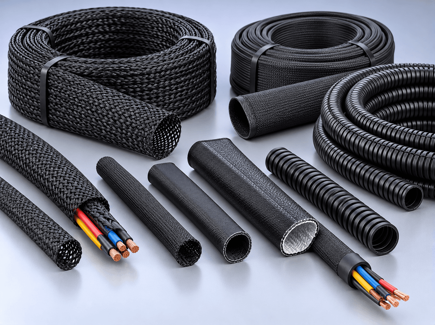 Heat-shrinkable and braided industrial cable sleeving and protective conduits